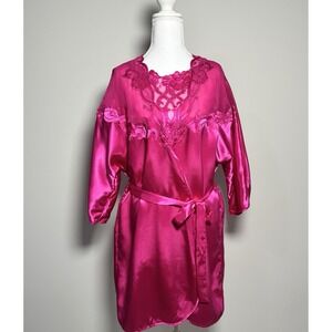 Vintage Dreamtime Satin Robe Nightgown Set Pink Lace Glam Hong Kong M